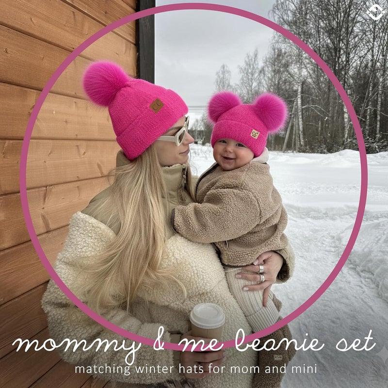 Funky Junque Mommy & Me Double Pom Beanies – Mama & Mini Matching Winter Outfits, Mom & Infant Baby Girl Beanie Hat Set - Image 3
